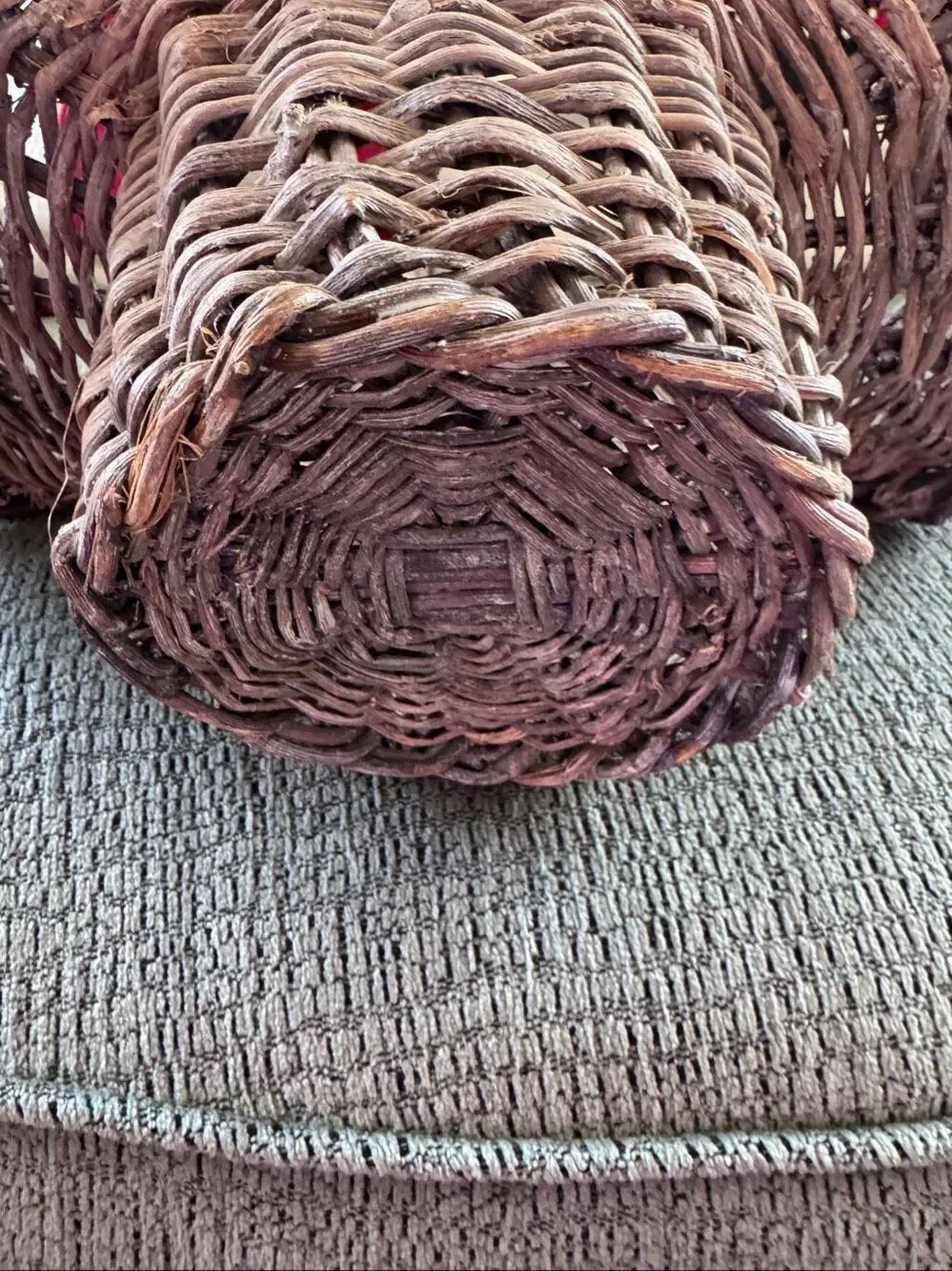 Woven hand basket with handle dark brown small size wooden feel cottage flared 9